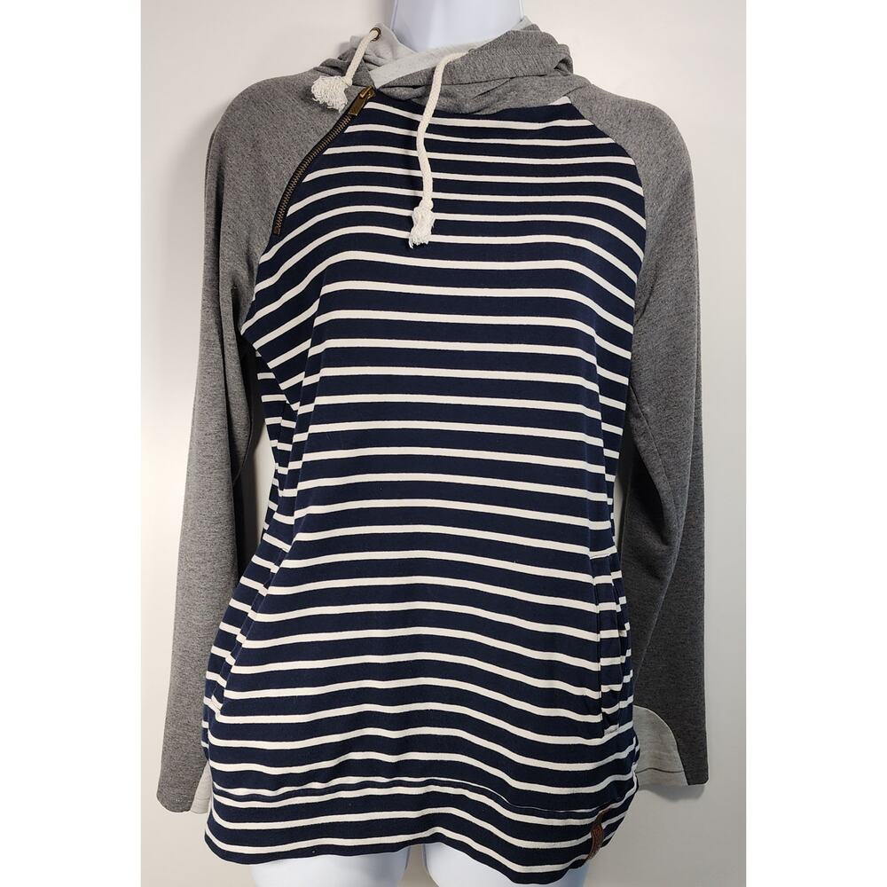 Ampersand Ave Striped Hoodie Navy Gray‎ Women’s M Pockets